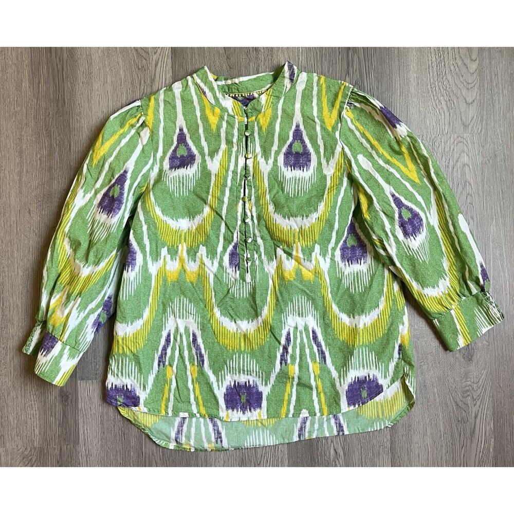 Anthropologie Blouse Womens Medium Henley Green Yellow Ikat Sharona Boho Top